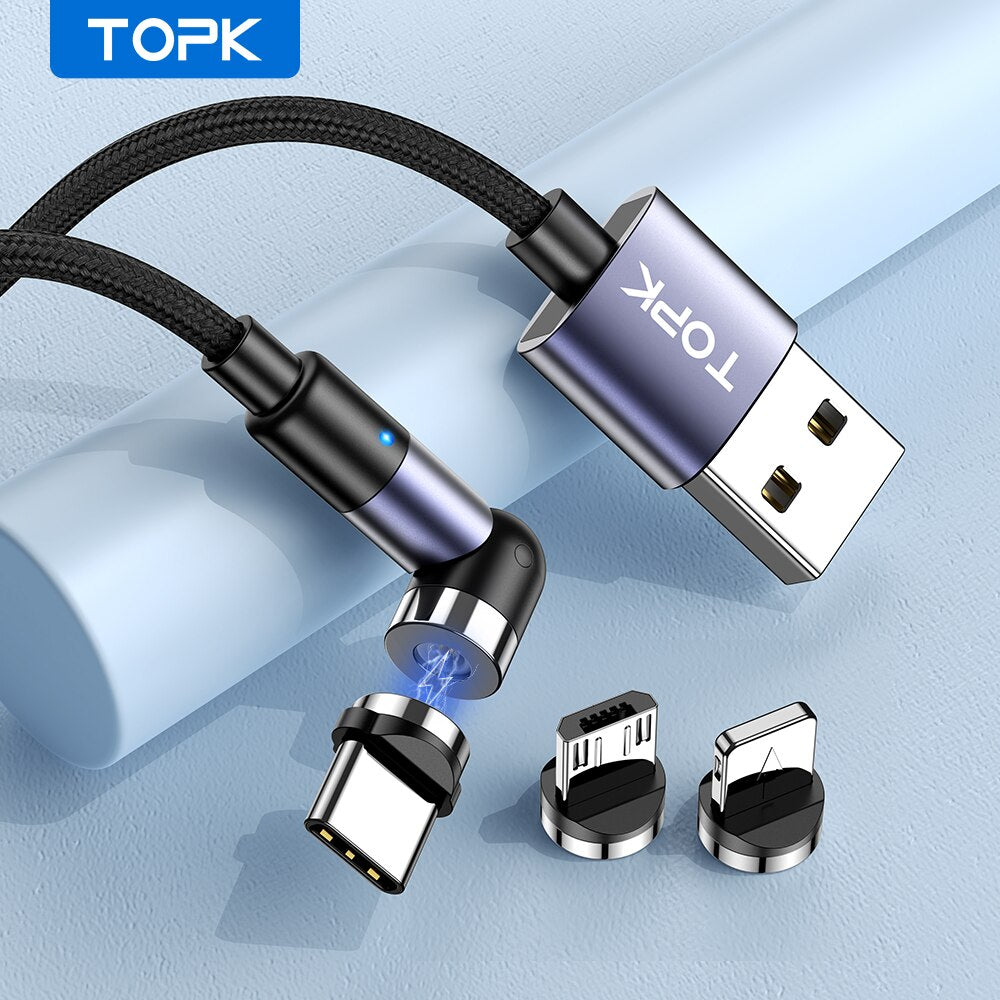 TOPK-Câble de charge magnétique 3 en 1, rotatif à 540 °, micro USB type C, connecteur à 90 degrés